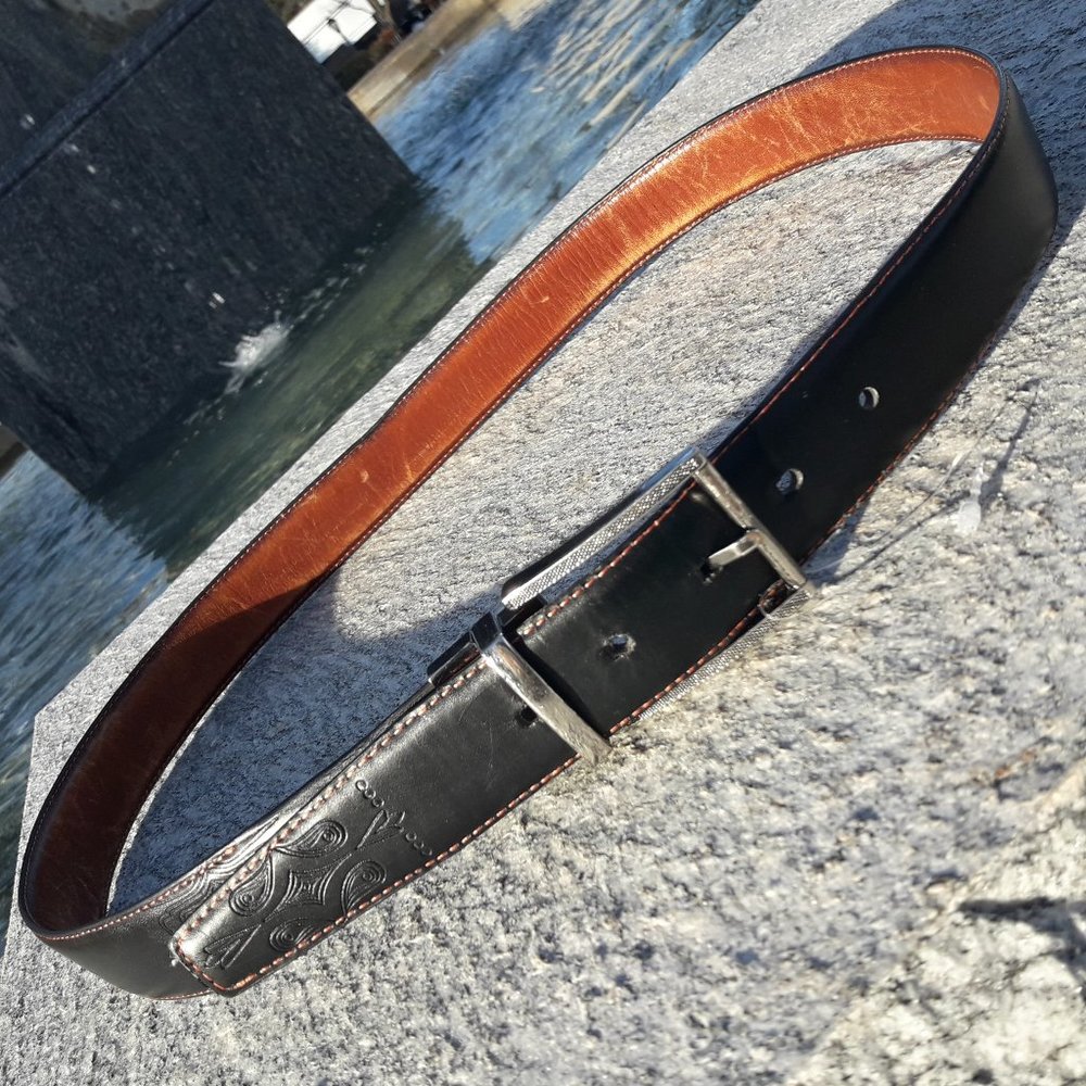 Reversable Leather Belt Mens Tooled Leather Ornate Embossed Design Silver Buckle